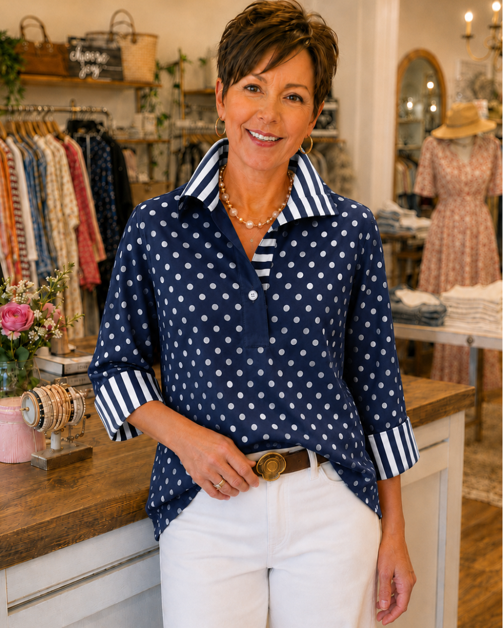 Elmira - Polka Dot Contrast-Stripe Blouse