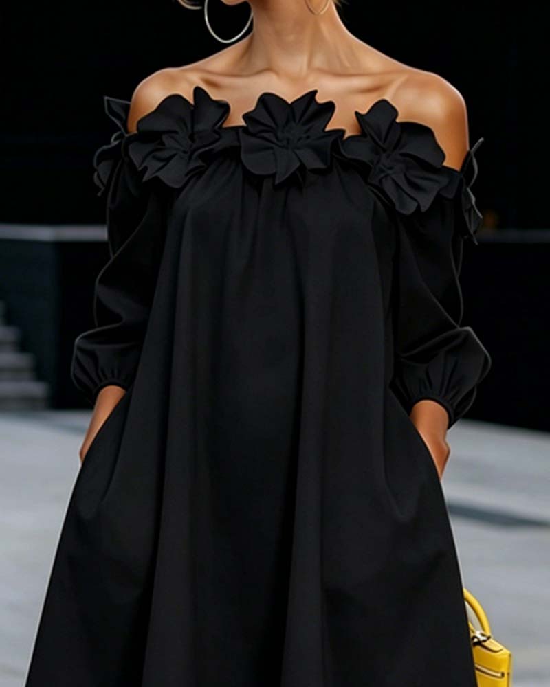Normie - Elegant Off-Shoulder Floral Accent Dress