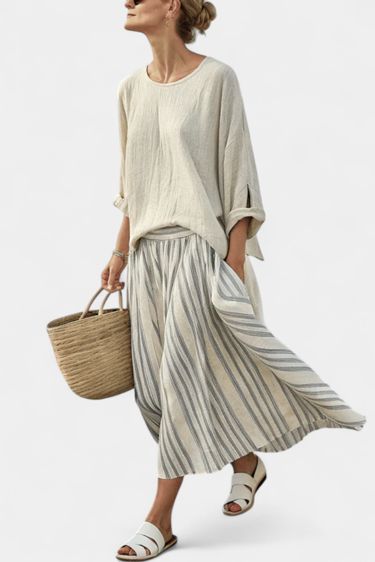 Jaine – Comfortable Blouse and Striped Midi Skirt