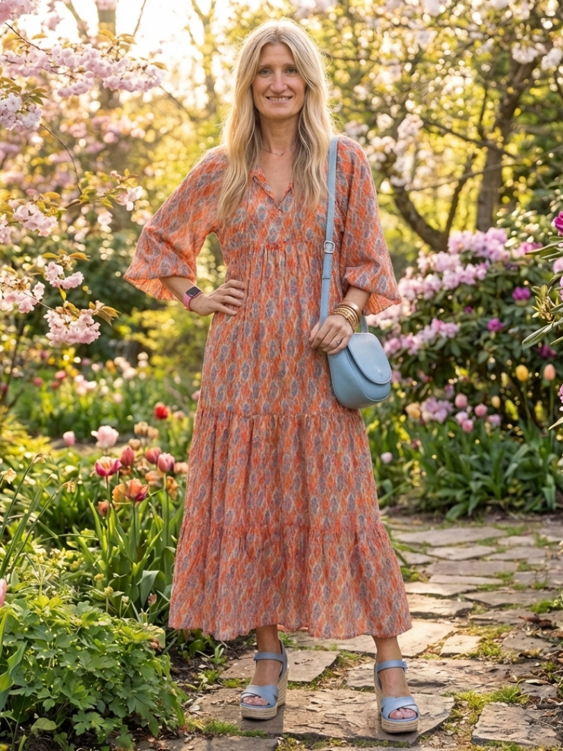 Mauie - Geometric Print V-Neck Midi Dress