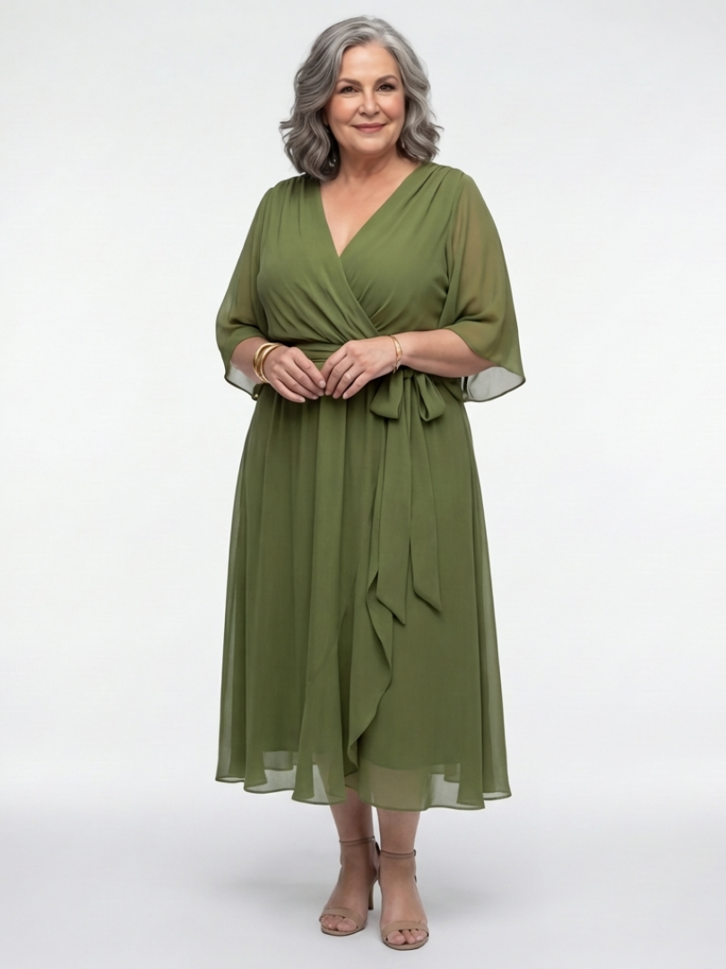 Roa - V-Neck Draped Waist Midi Dress