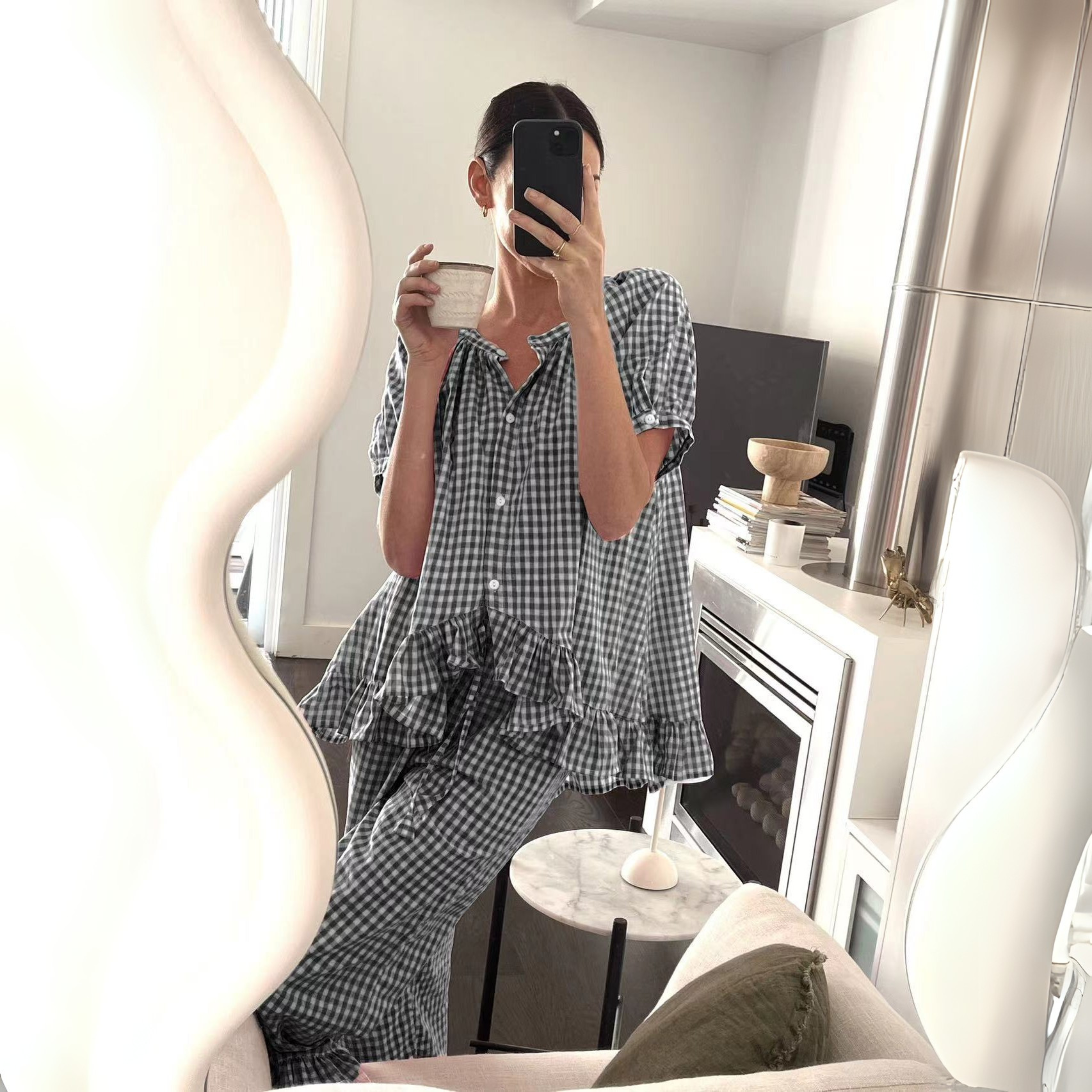 Naiah - Casual Plaid Puff Sleeve Top and Pants Set