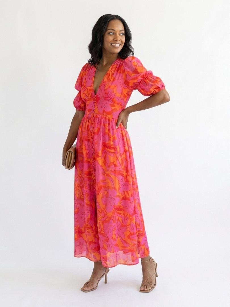 Devina - Floral V-Neck Midi Dress