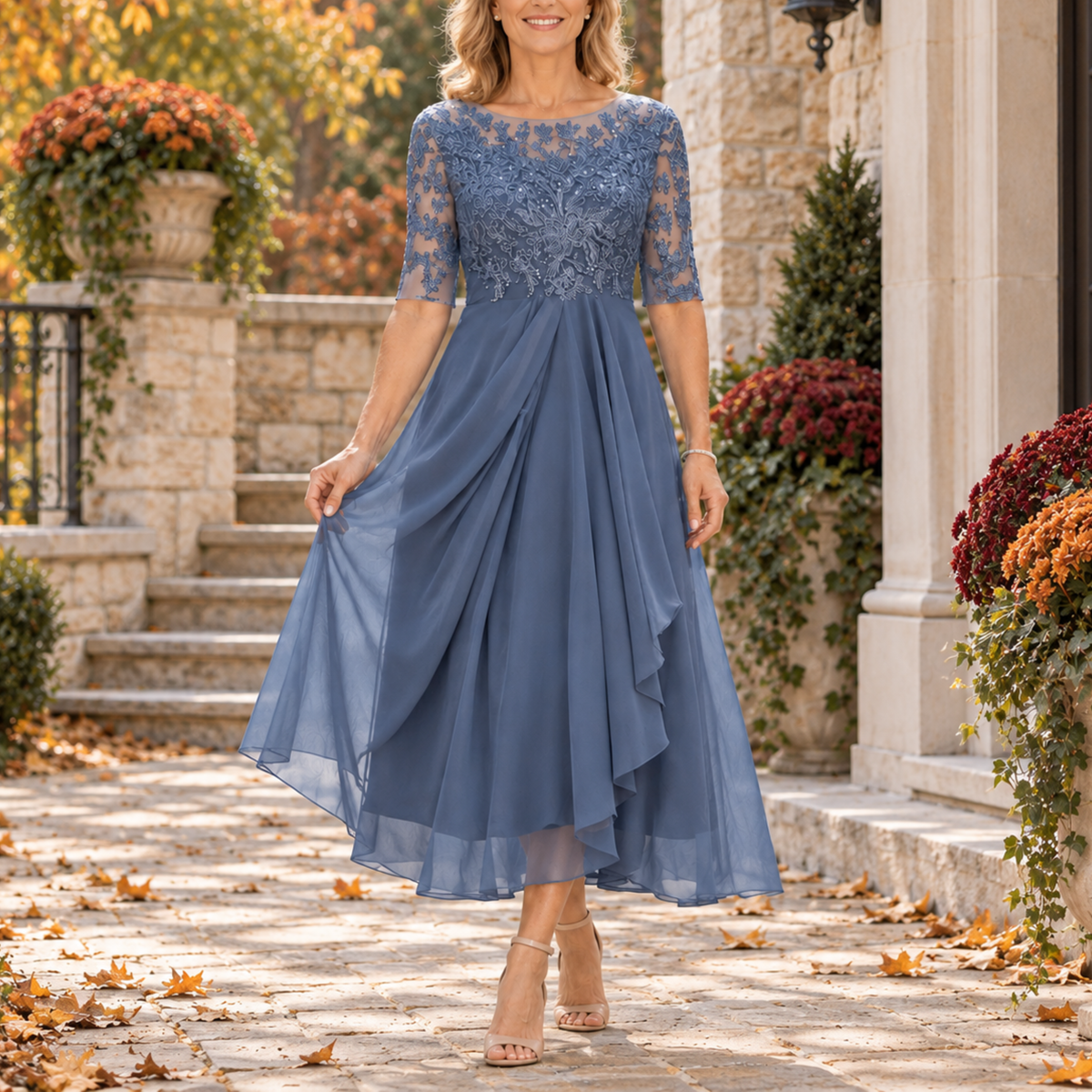 Alaina - Lace Bodice Draped Midi Dress