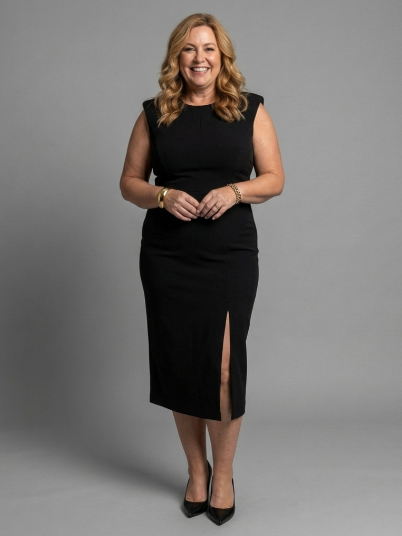 Skyla - Structured Sleeveless Midi Dress with Front Slit