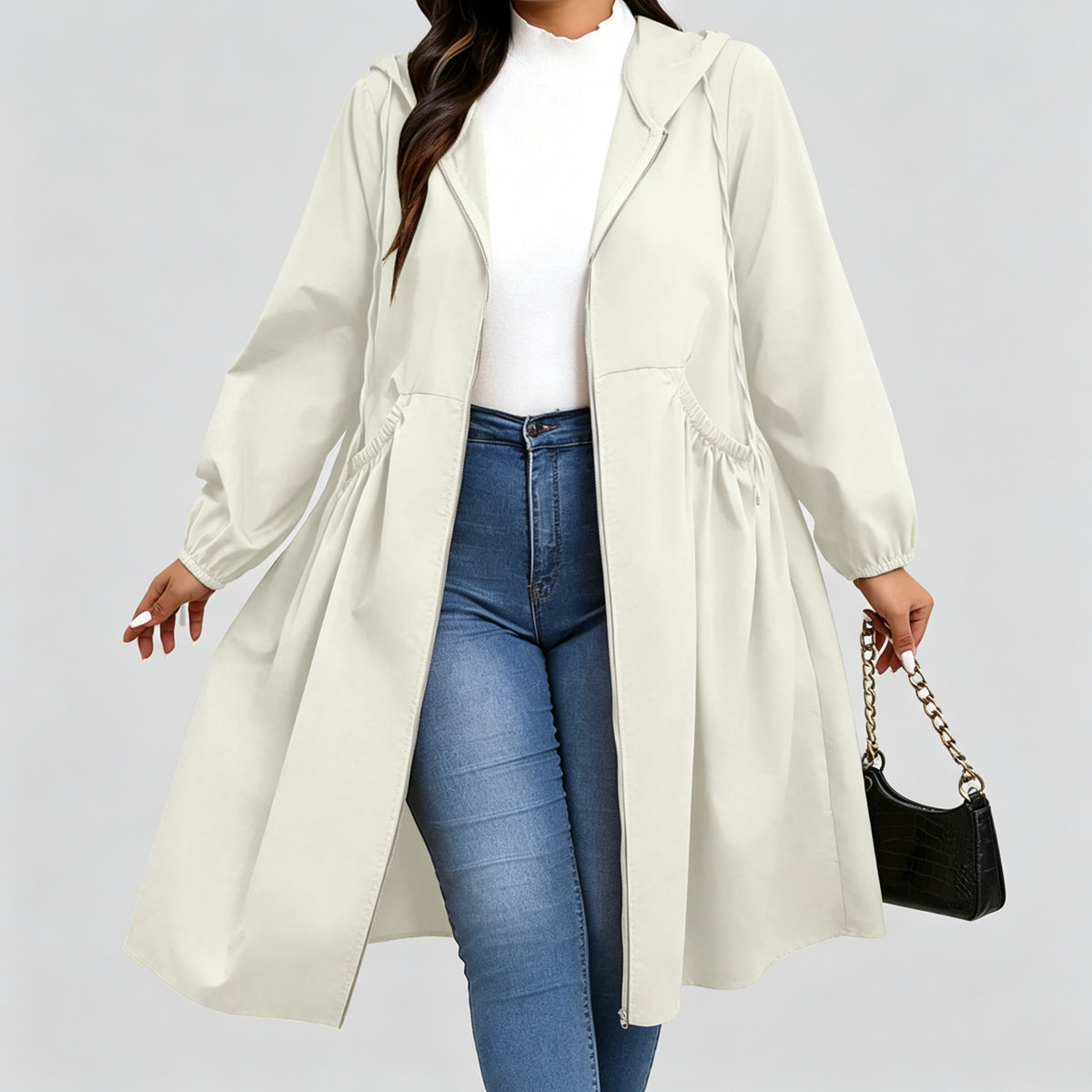 Zahra - Curve Cinch Hooded Windbreaker Coat