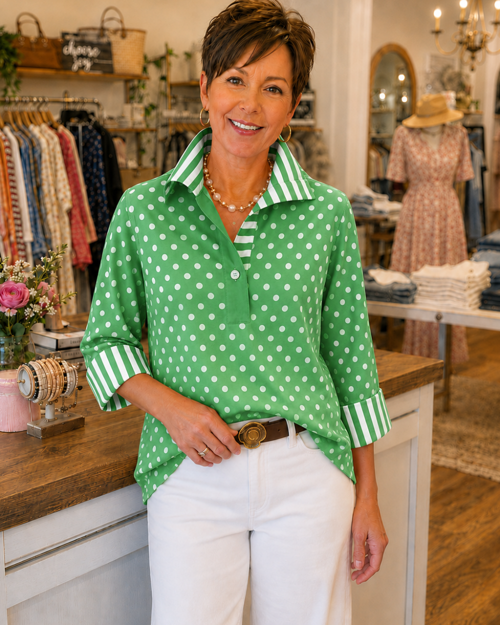 Elmira - Polka Dot Contrast-Stripe Blouse