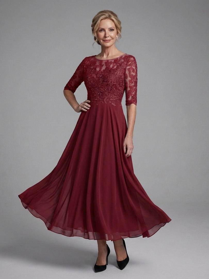 Amelia - Lace Midi Dress With Sheer Sleeves