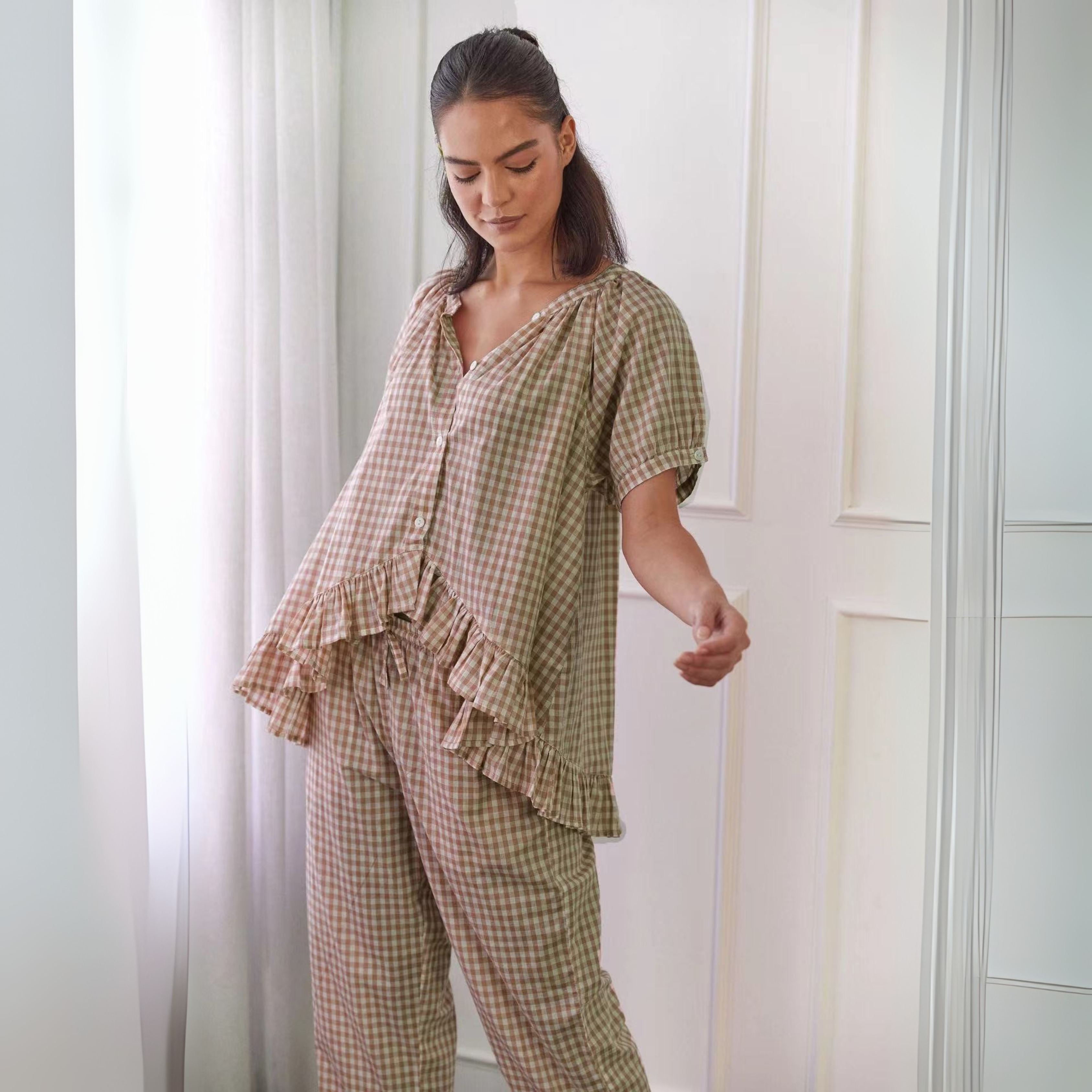 Naiah - Casual Plaid Puff Sleeve Top and Pants Set