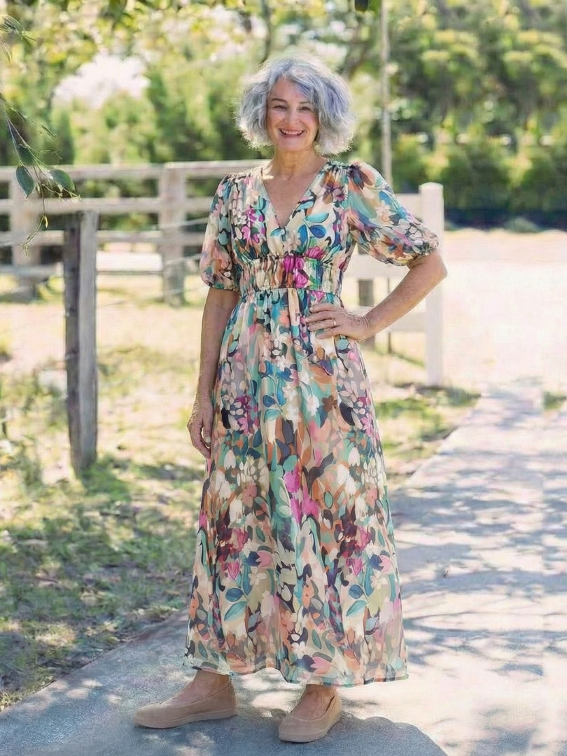 Lousey - V-Neck Short Sleeve Waist Midi Dress