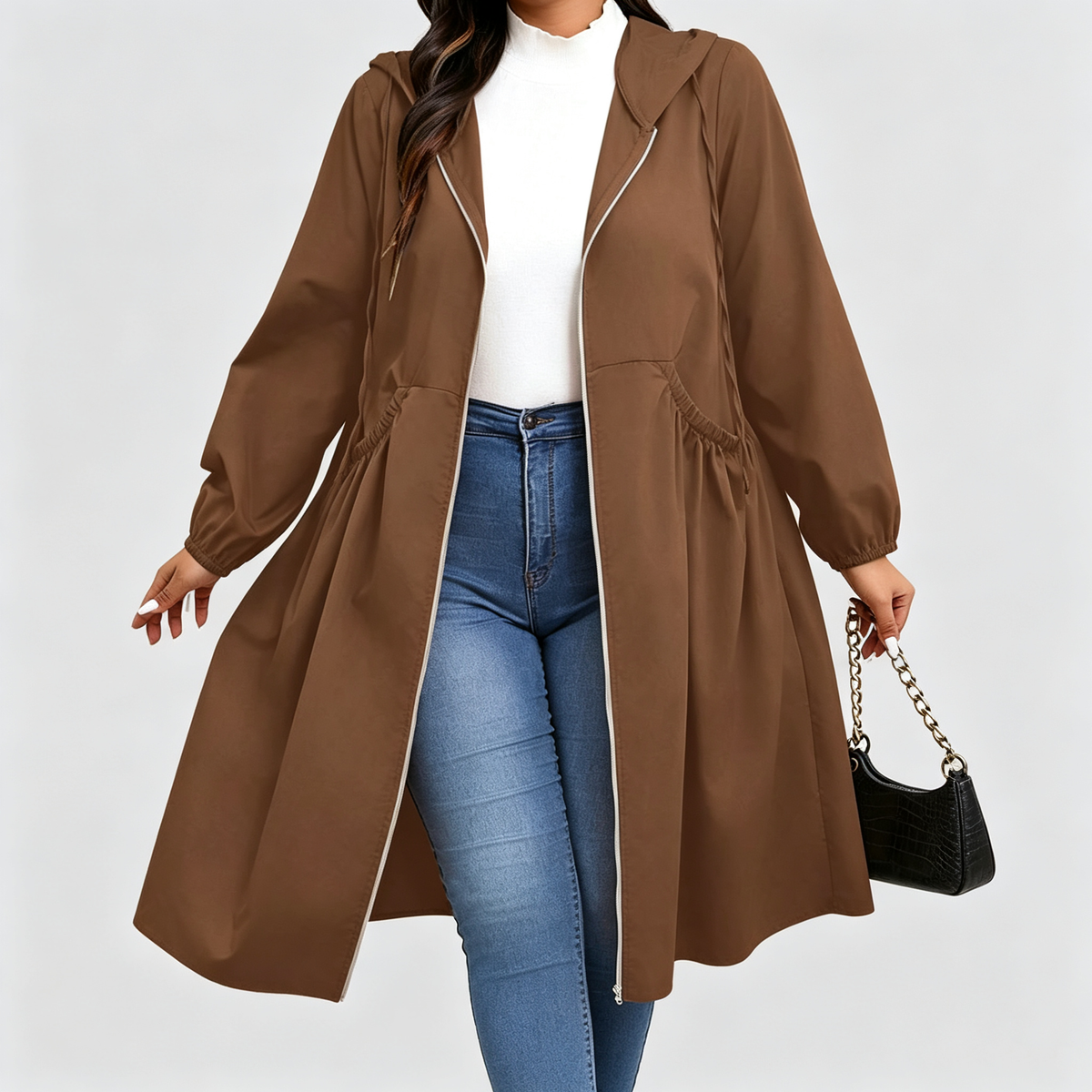 Zahra - Curve Cinch Hooded Windbreaker Coat