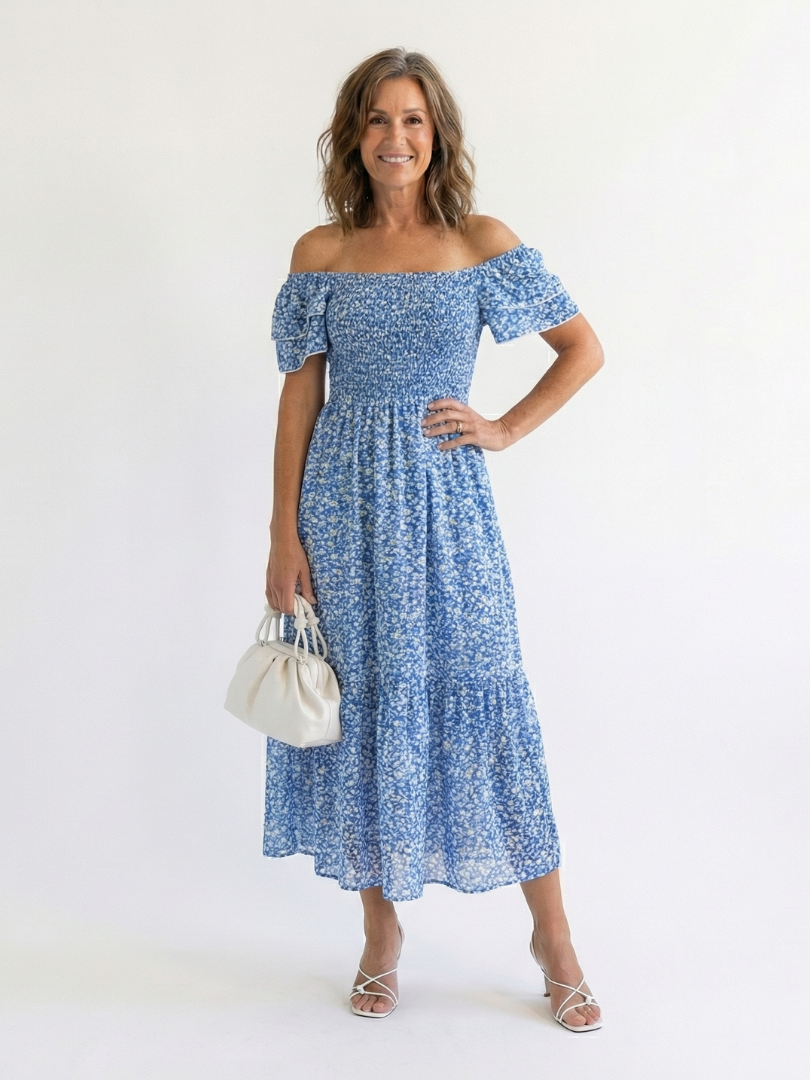 Olive - Off-Shoulder Floral Smocked Midi Dress