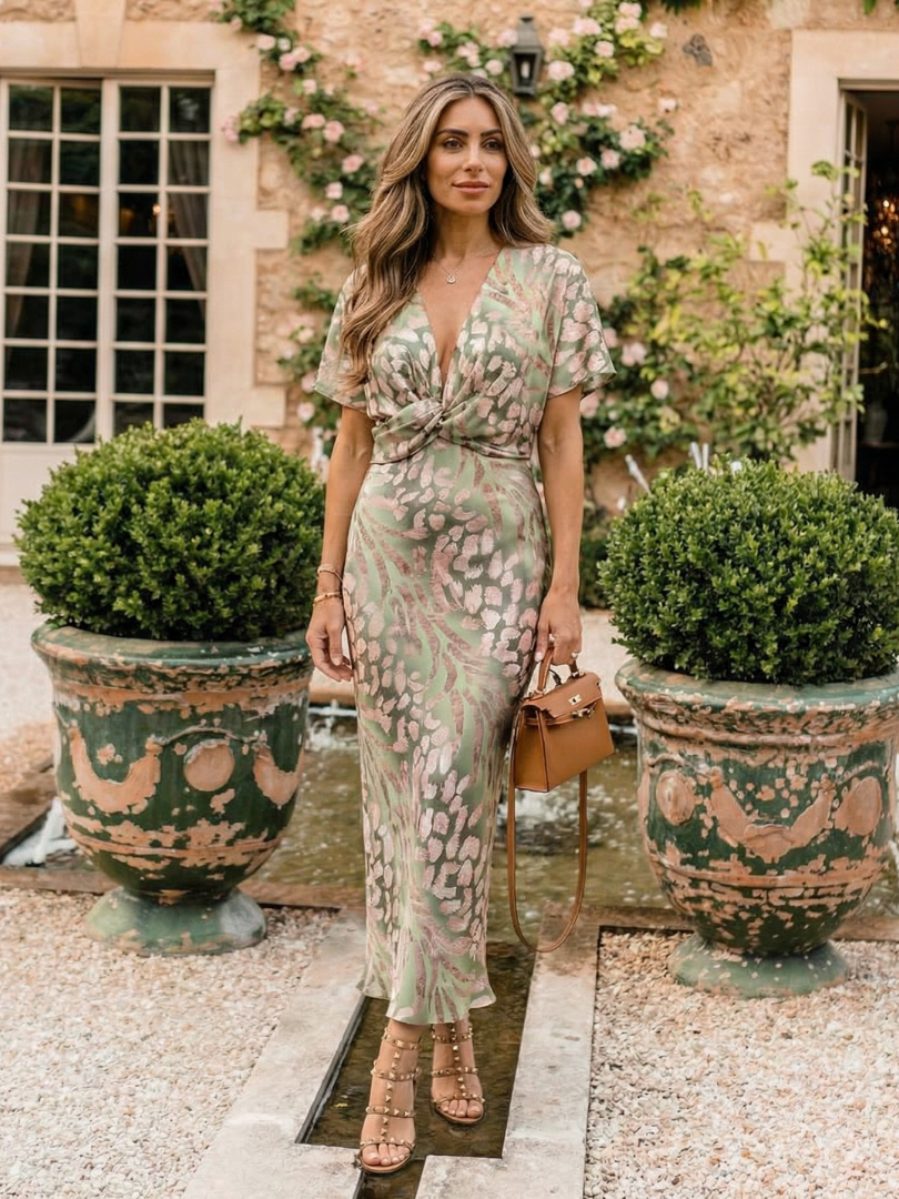 Caroline - Print V-Neck Wrap Waist Midi Dress