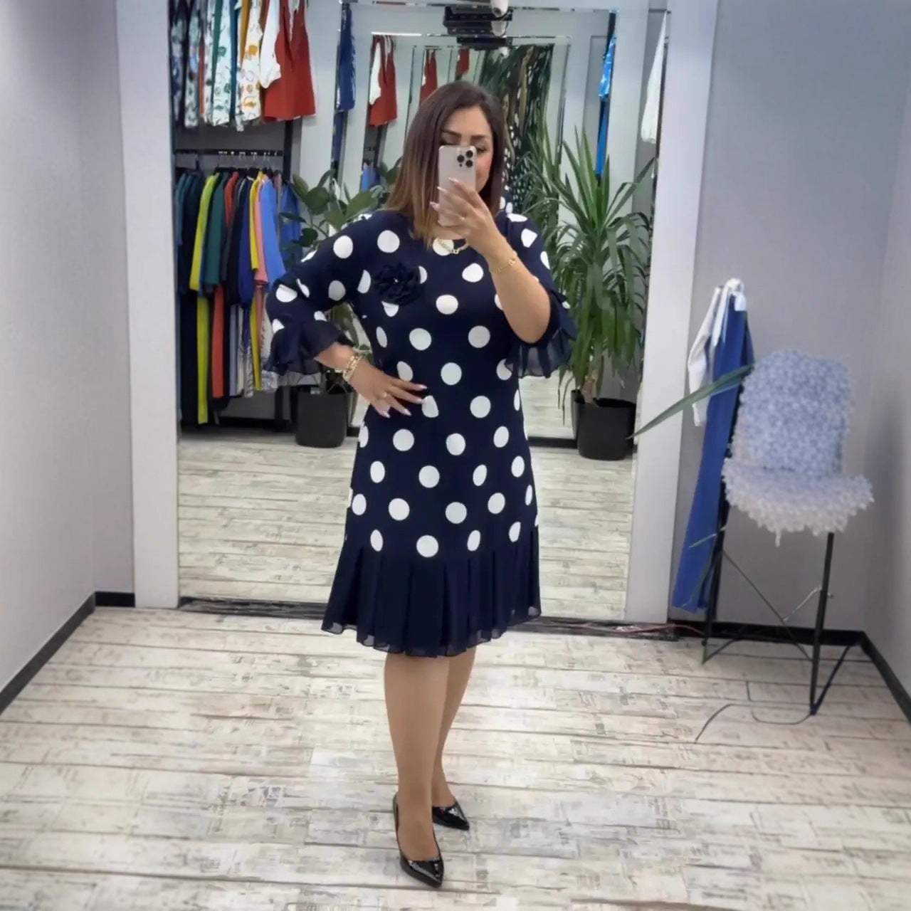 Linna - Pleated Polka Dot Midi Dress