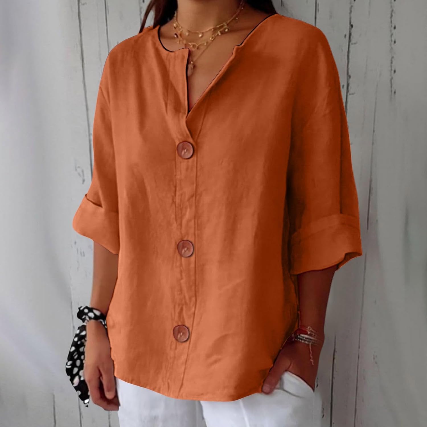 Maira – Cotton-Linen V-Neck Shirt with Wooden Buttons