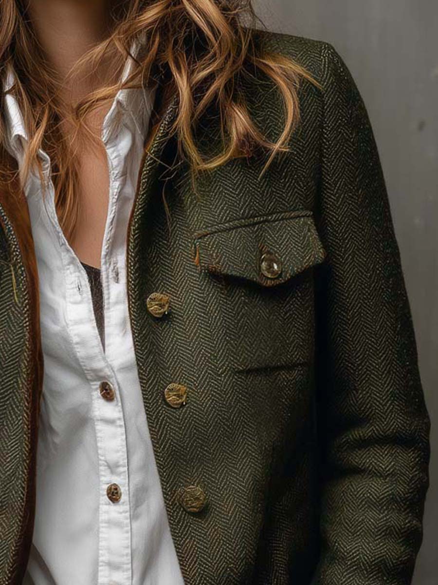 Magdalene - Women’s Vintage Herringbone Contrast Trim Blazer