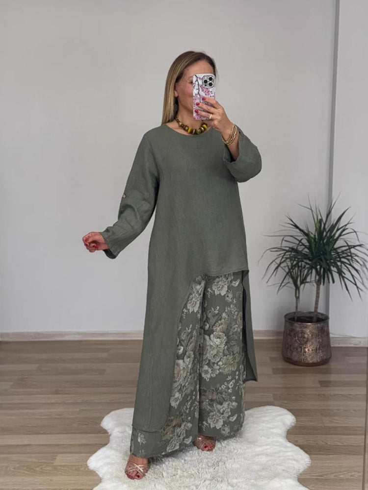 Laine – Long-Sleeved Top and Printed Wide-Leg Pants Set