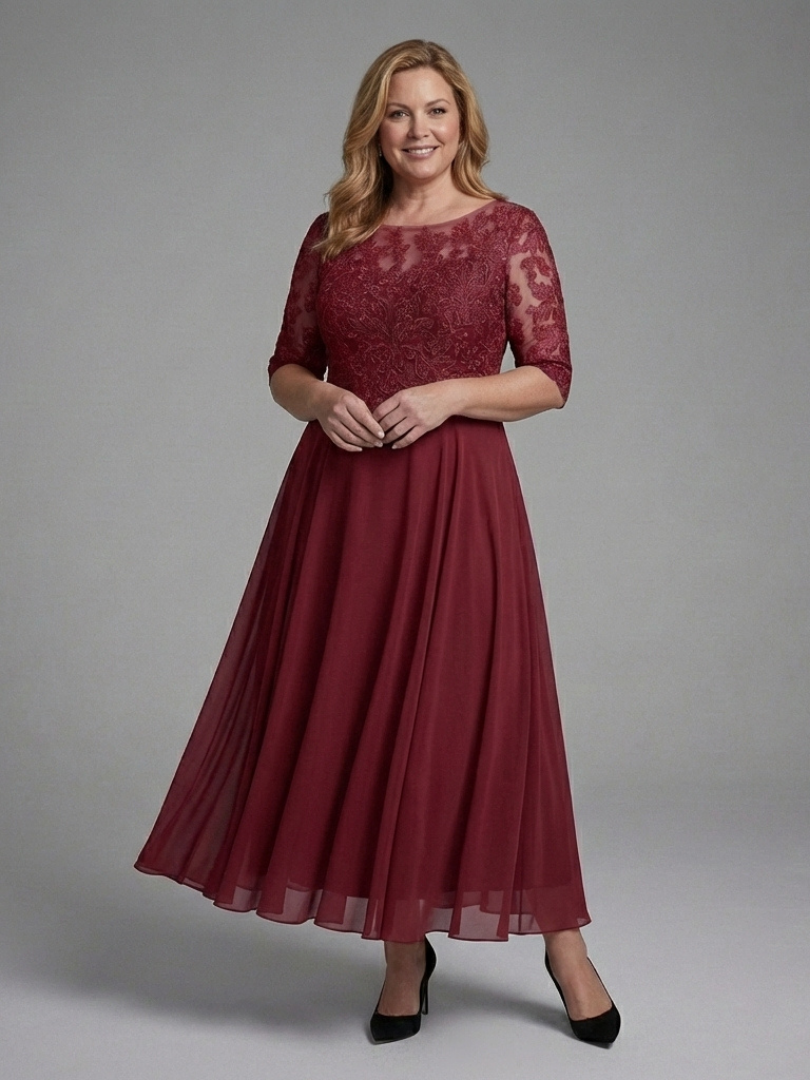 Amelia - Lace Midi Dress With Sheer Sleeves