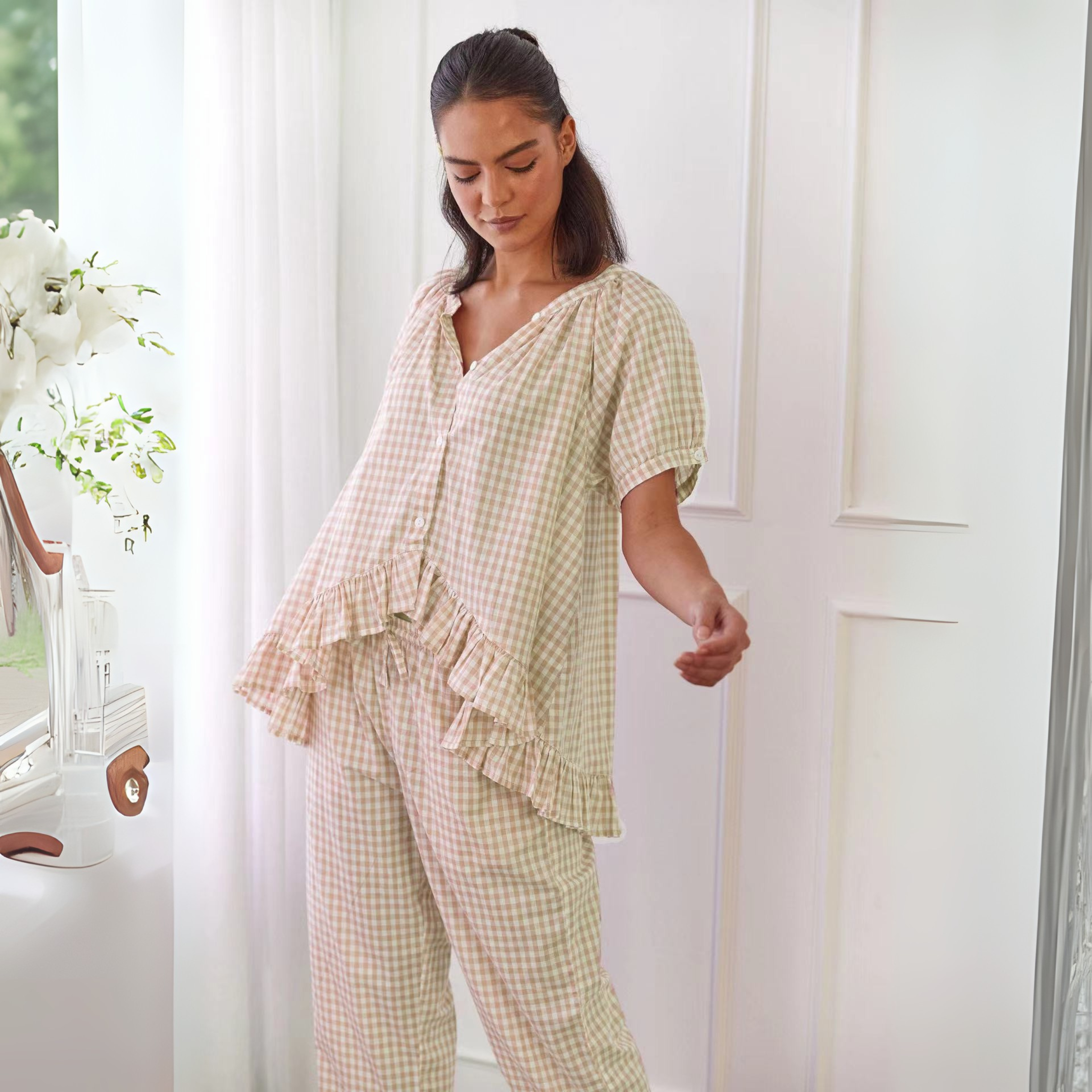 Naiah - Casual Plaid Puff Sleeve Top and Pants Set