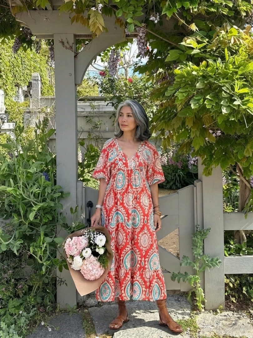 Ria - Paisley Print V-Neck Short Sleeve Midi Dress