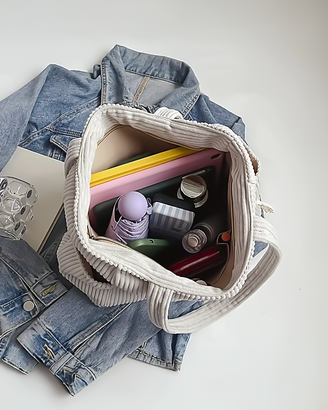 Kimmy – Ribbed Tote Bag with Drawstring Detail