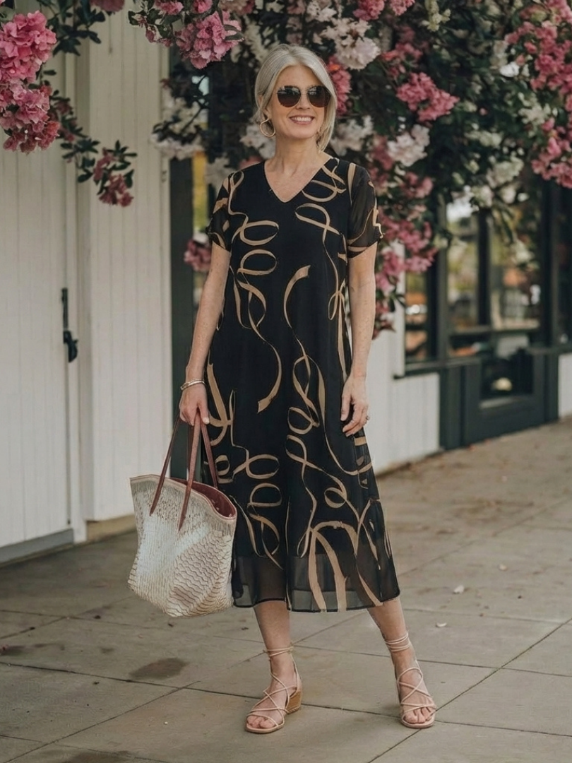 Seren - Abstract Midi Dress With Short Sleeves