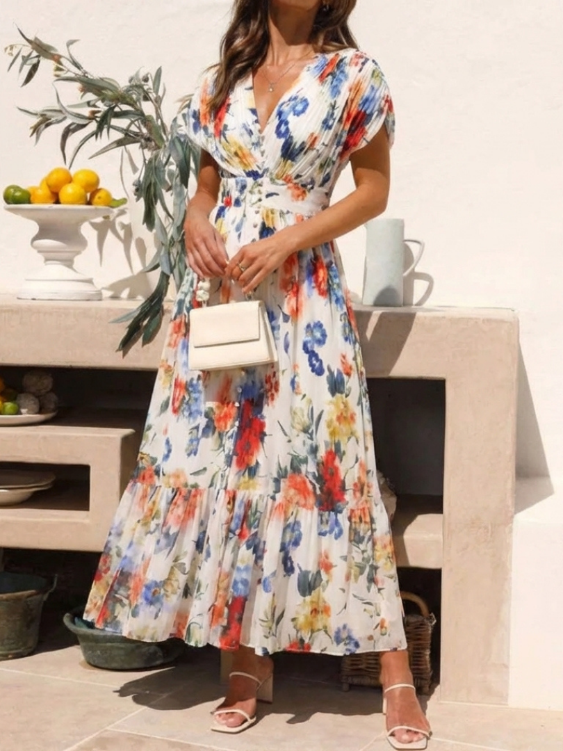 Savana - Pleated V-Neck Midi Dress