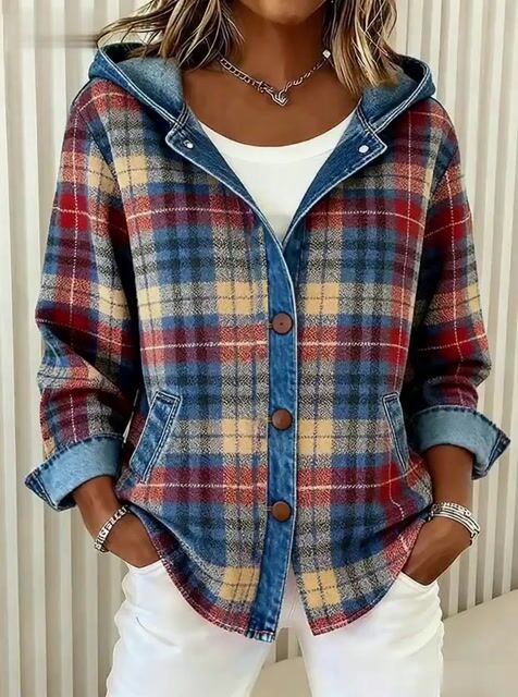 Misty – Denim Jacket with Contrast Plaid Hood