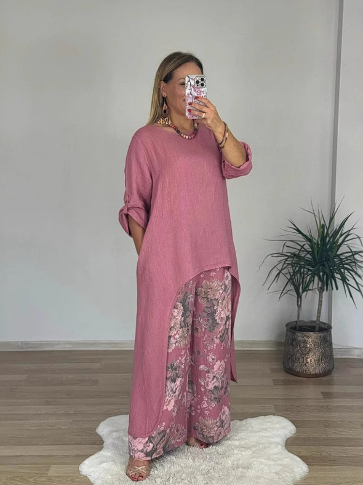 Laine – Long-Sleeved Top and Printed Wide-Leg Pants Set