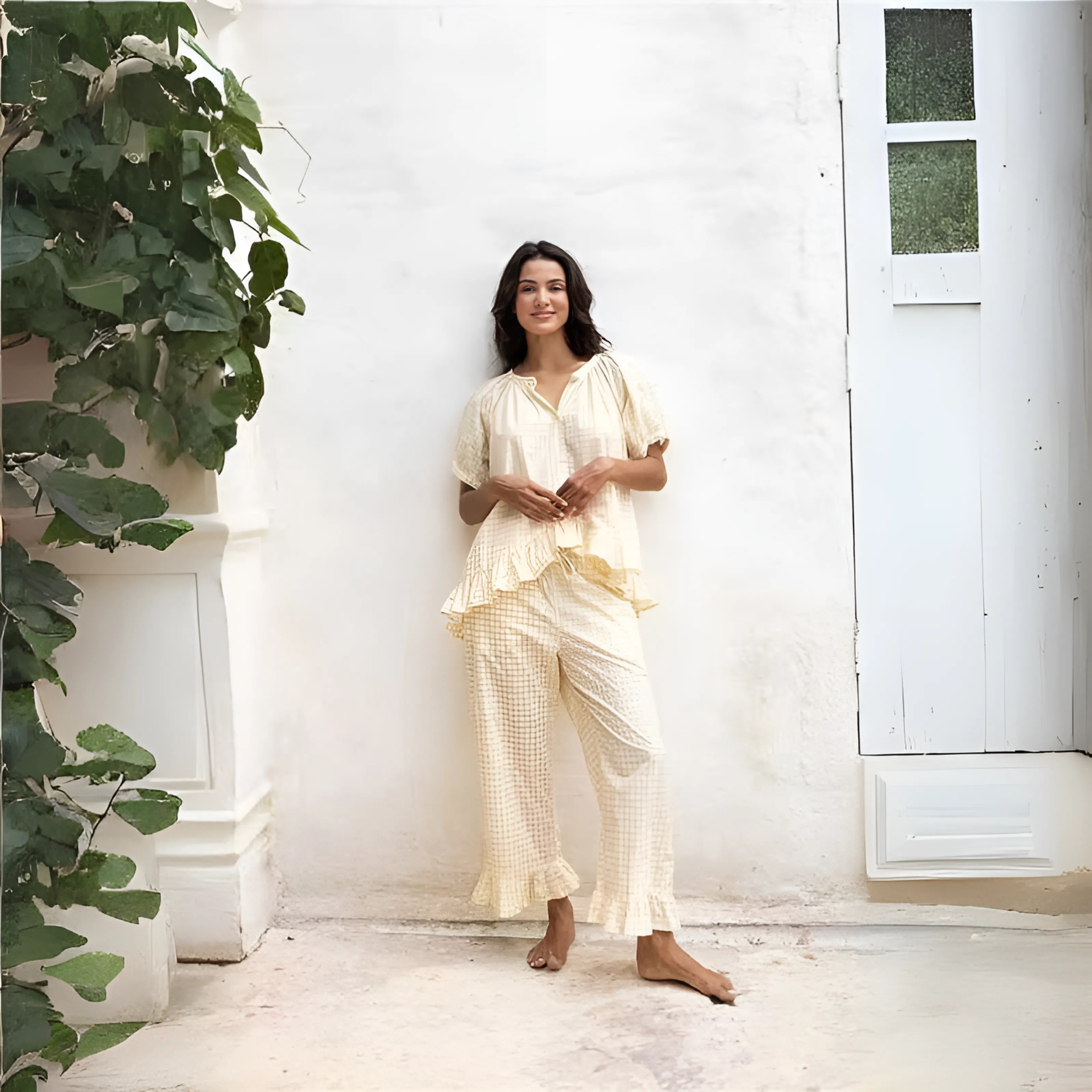 Naiah - Casual Plaid Puff Sleeve Top and Pants Set