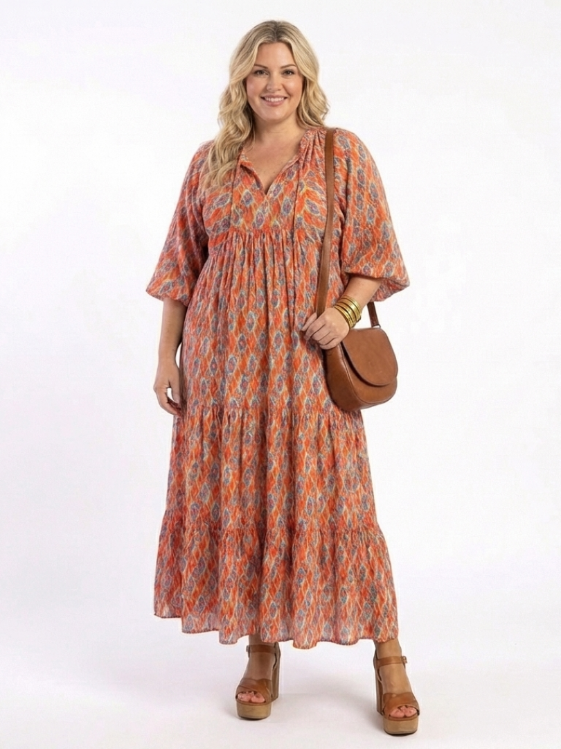 Mauie - Geometric Print V-Neck Midi Dress