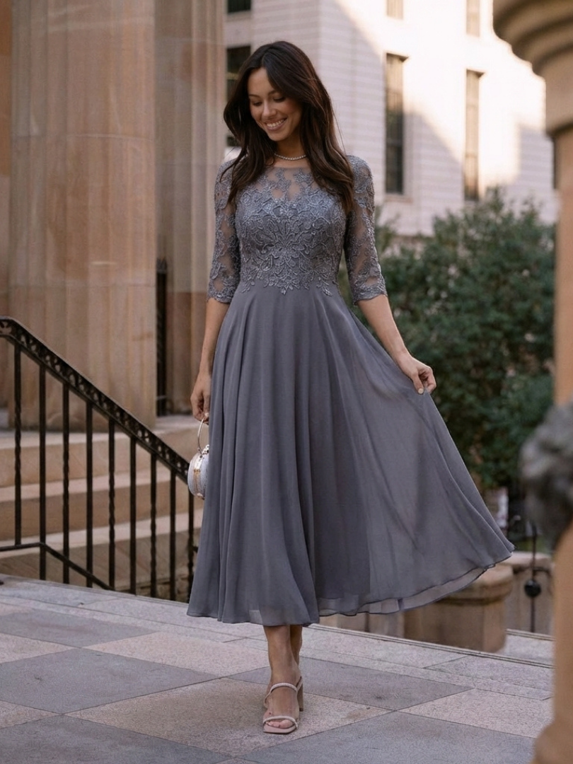 Amelia - Lace Midi Dress With Sheer Sleeves