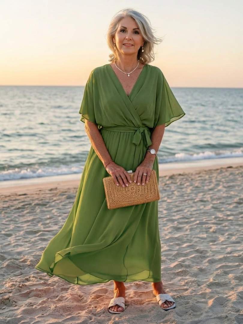Roa - V-Neck Draped Waist Midi Dress