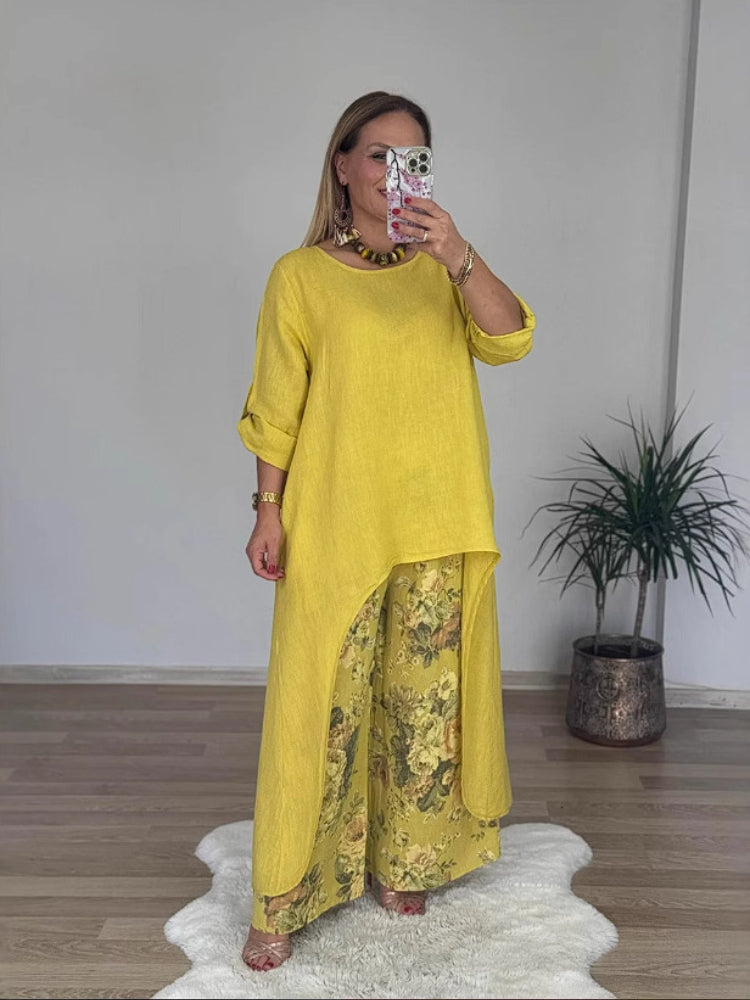 Laine – Long-Sleeved Top and Printed Wide-Leg Pants Set