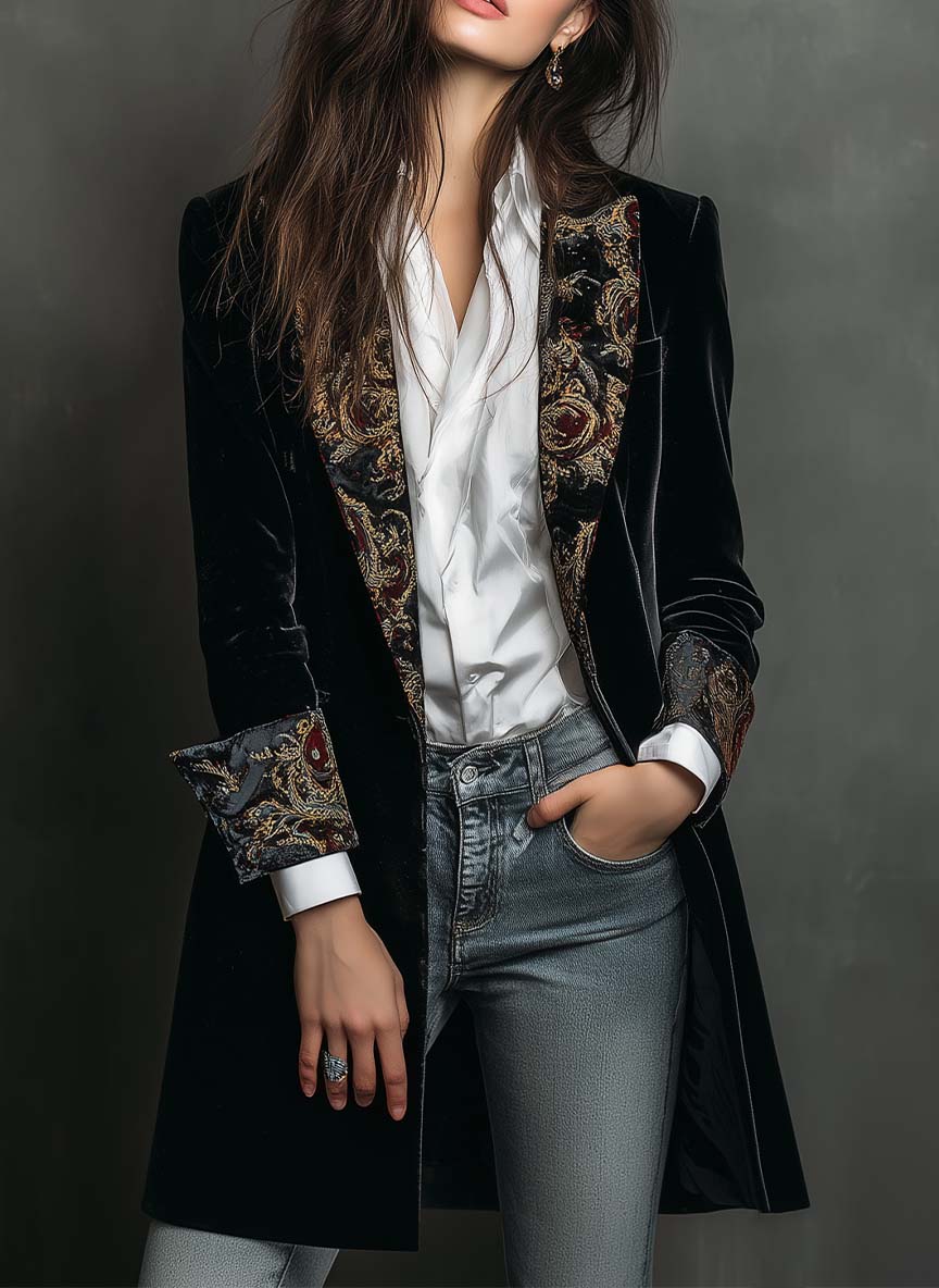 Alana - Women's Black Baroque Print Lapel Slim Fit Blazer