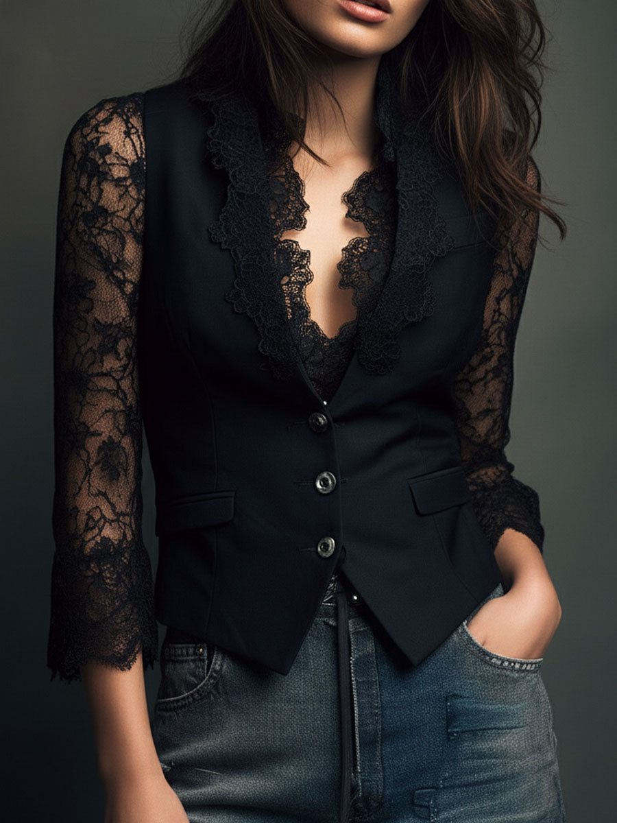 Callie – Black Lace Sleeve Blazer