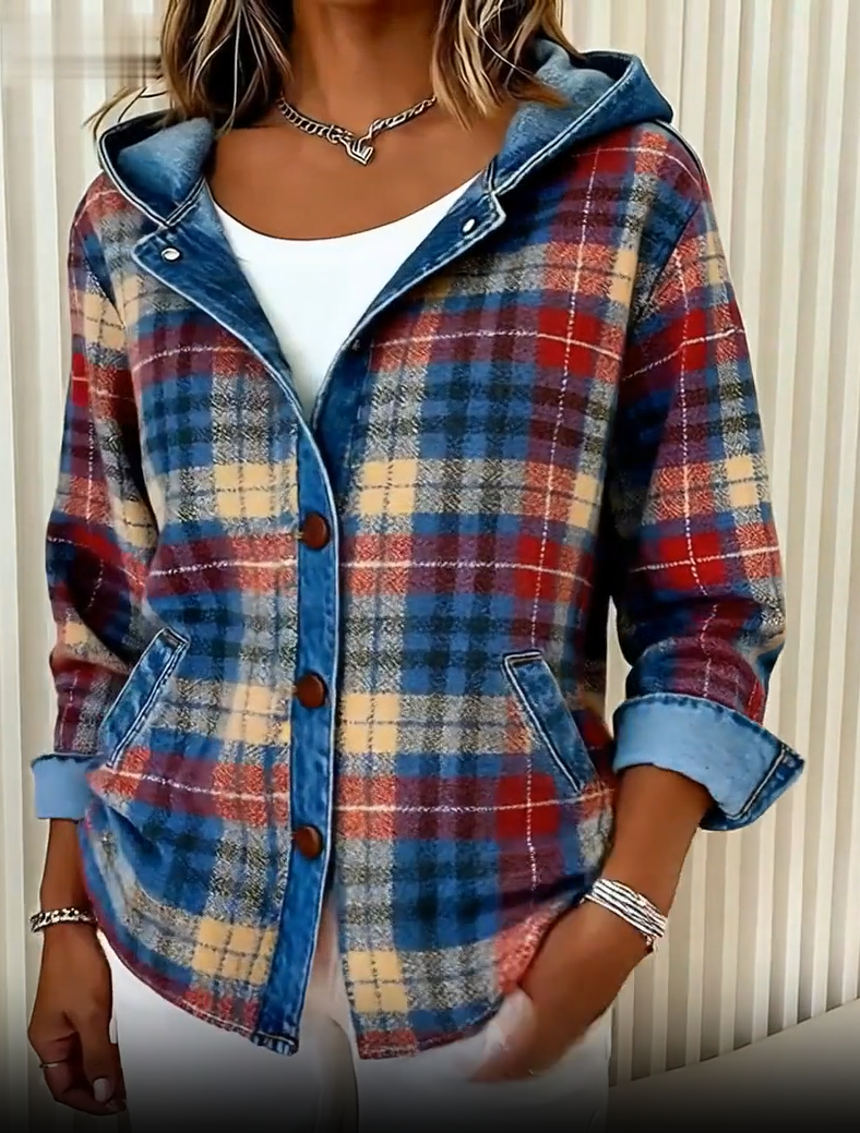 Misty – Denim Jacket with Contrast Plaid Hood