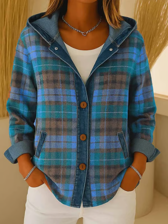 Misty – Denim Jacket with Contrast Plaid Hood