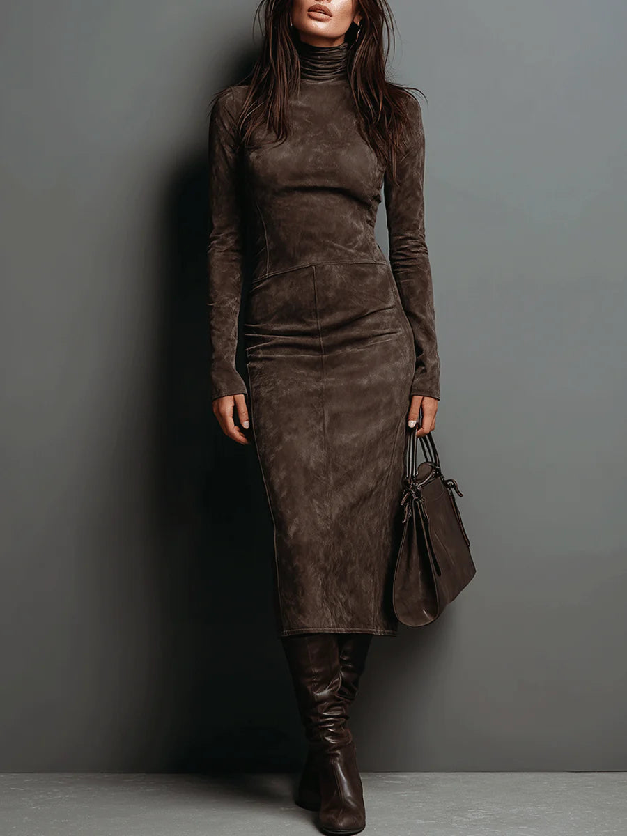 Feliza – Suede Feel Midi Dress with Long Sleeves
