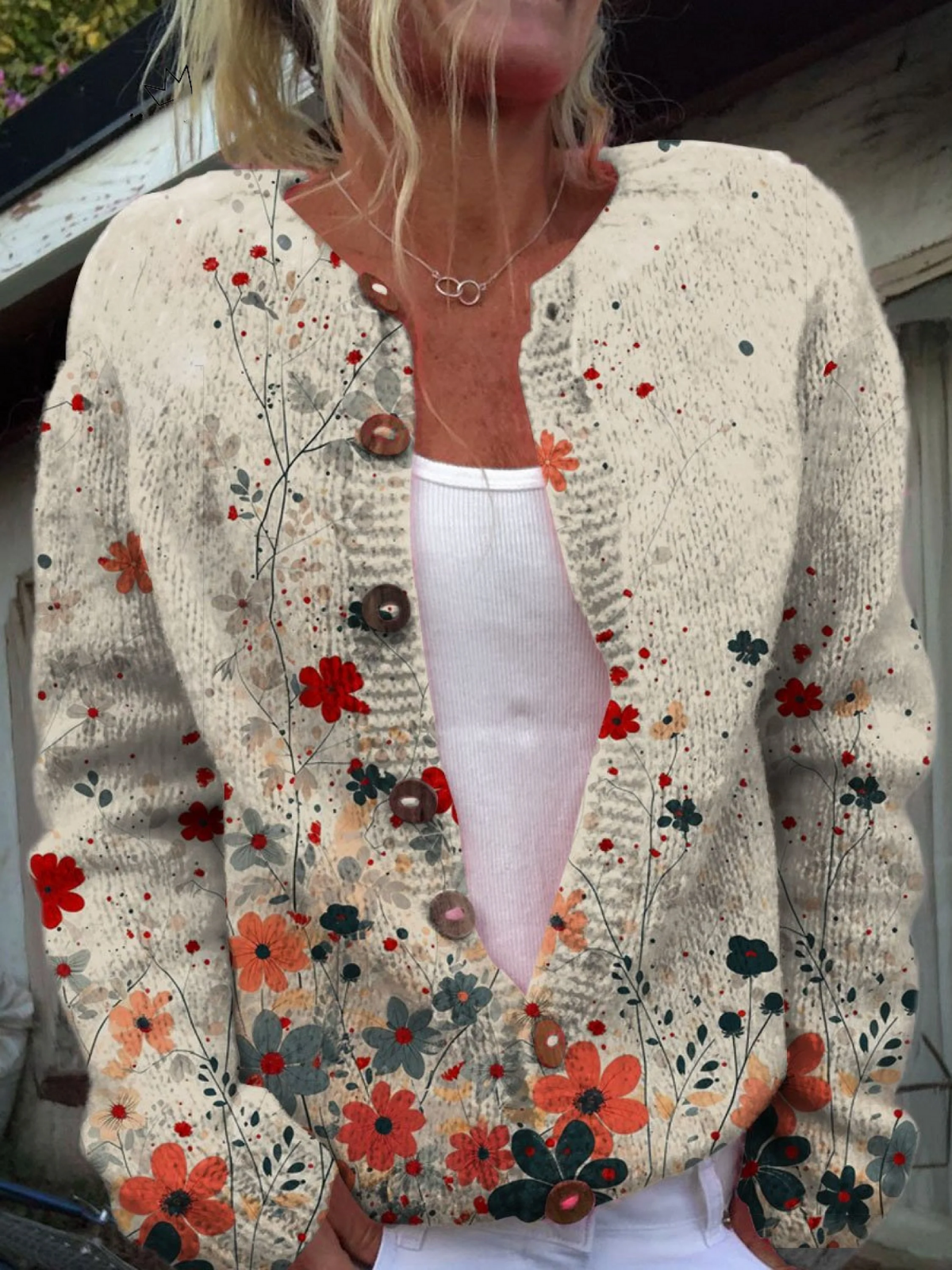 Winter - Vintage Flower Art Print Buttoned Cardigan