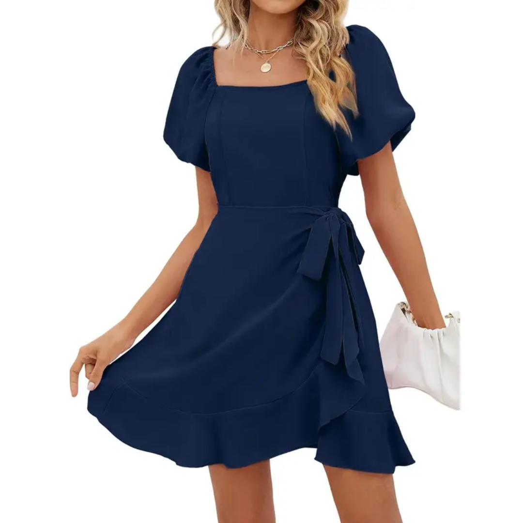 Jonalie - Square Neck Puff Sleeve Tie Waist Summer Dress