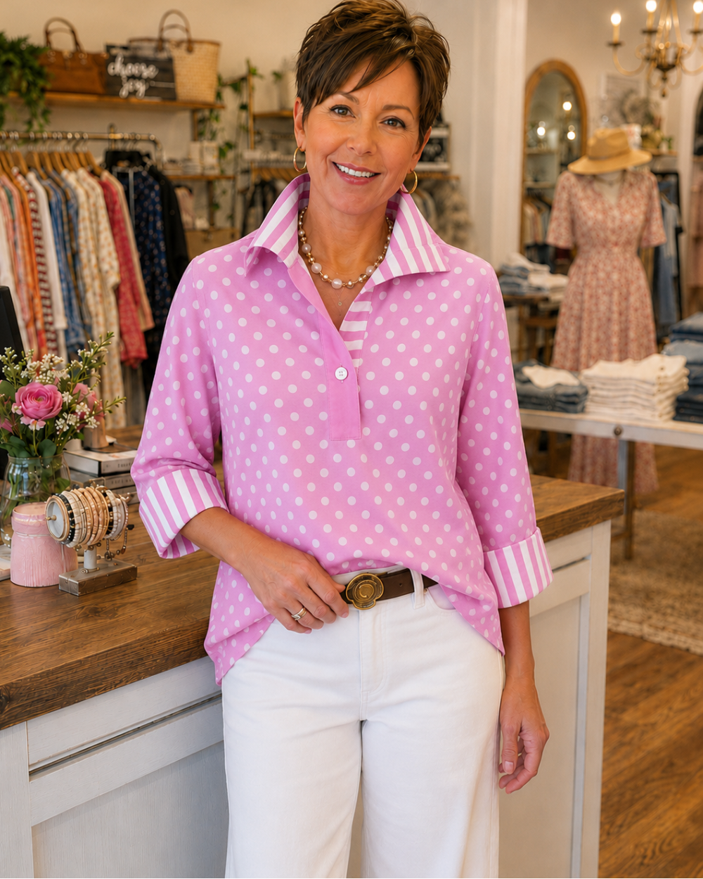 Elmira - Polka Dot Contrast-Stripe Blouse