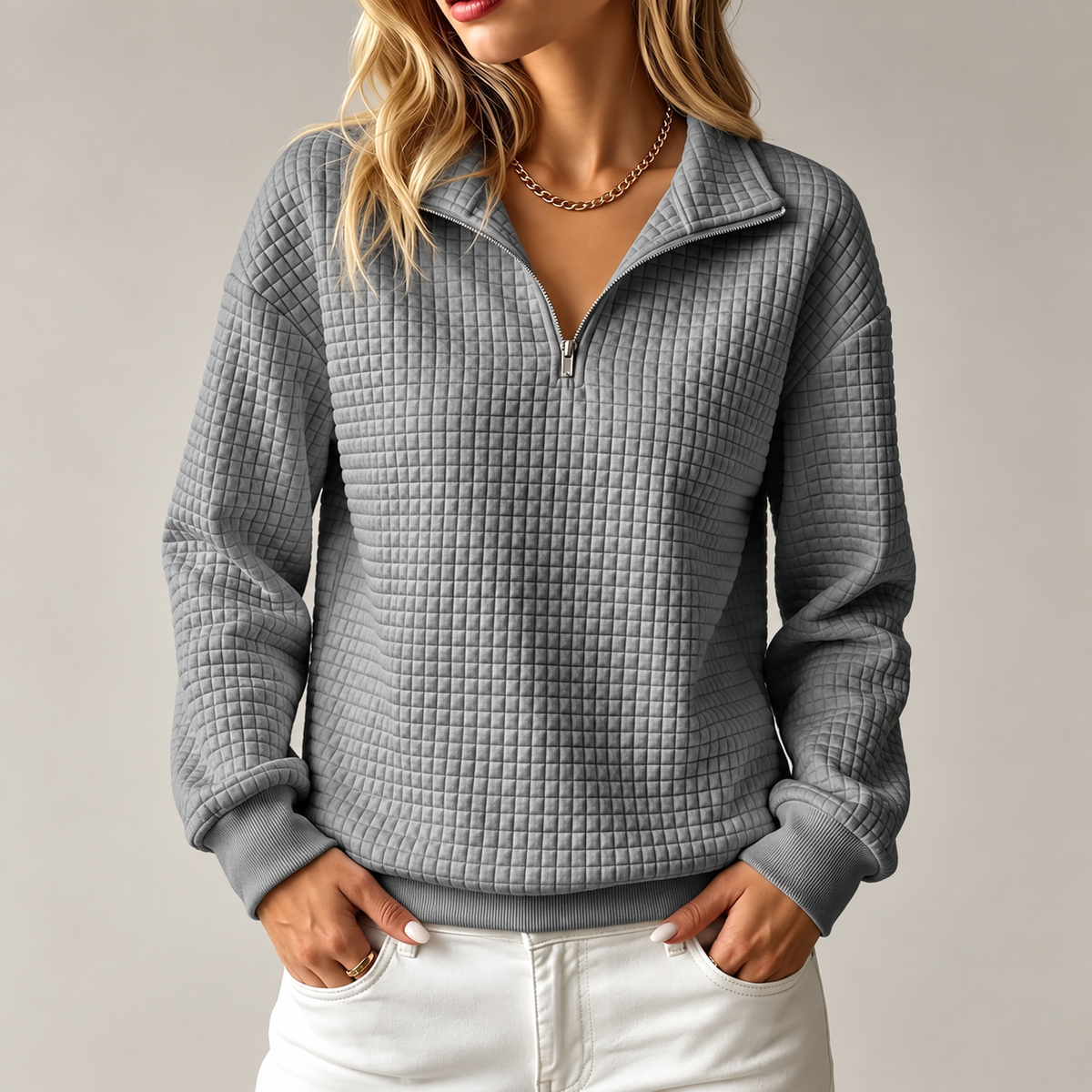 Akira – Waffle-Knit Quarter-Zip Sweatshirt