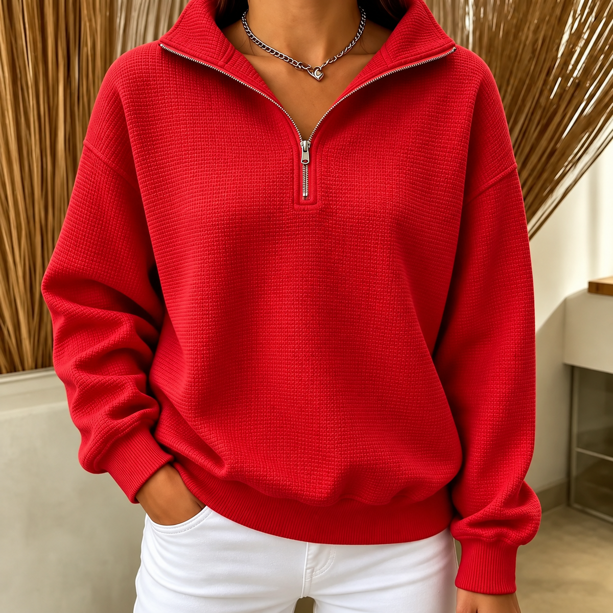 Akira – Waffle-Knit Quarter-Zip Sweatshirt