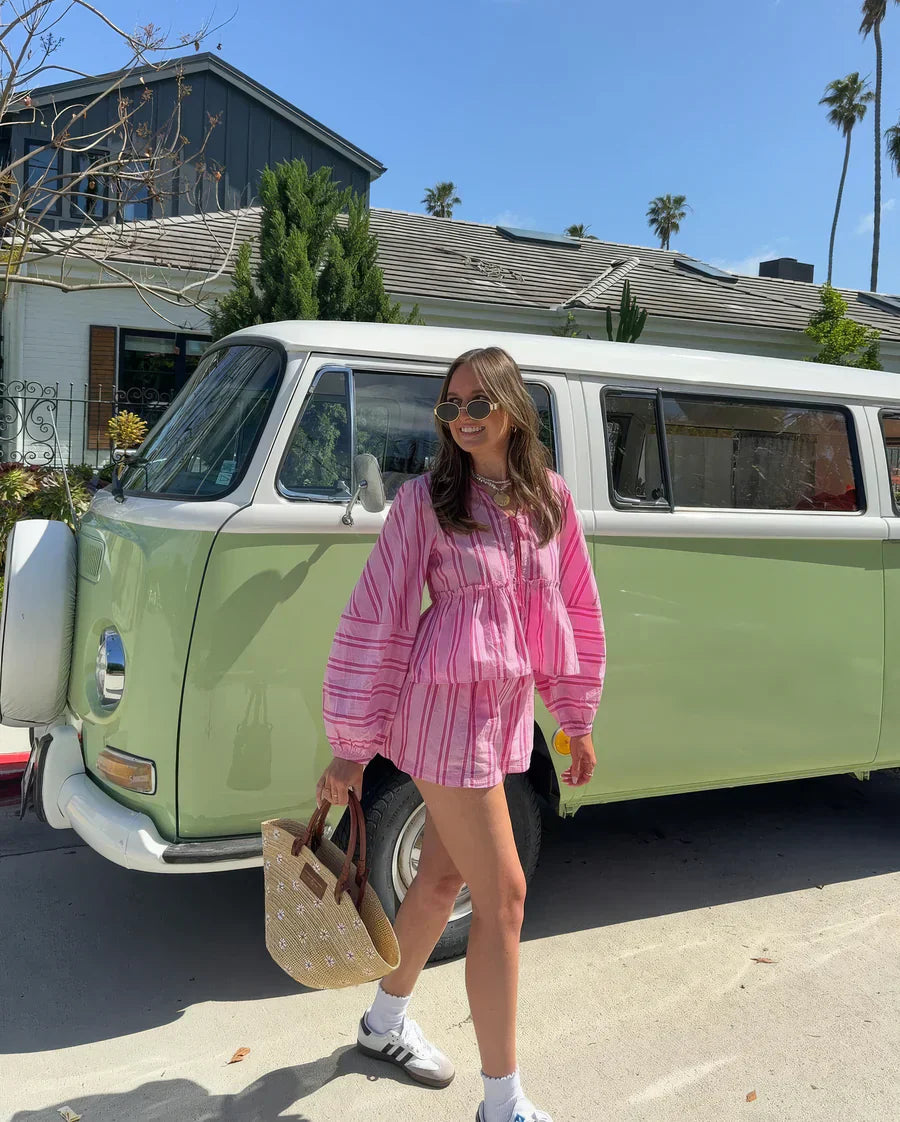 Arizza – Striped Summer Set with Puff Sleeve Top and Shorts Set