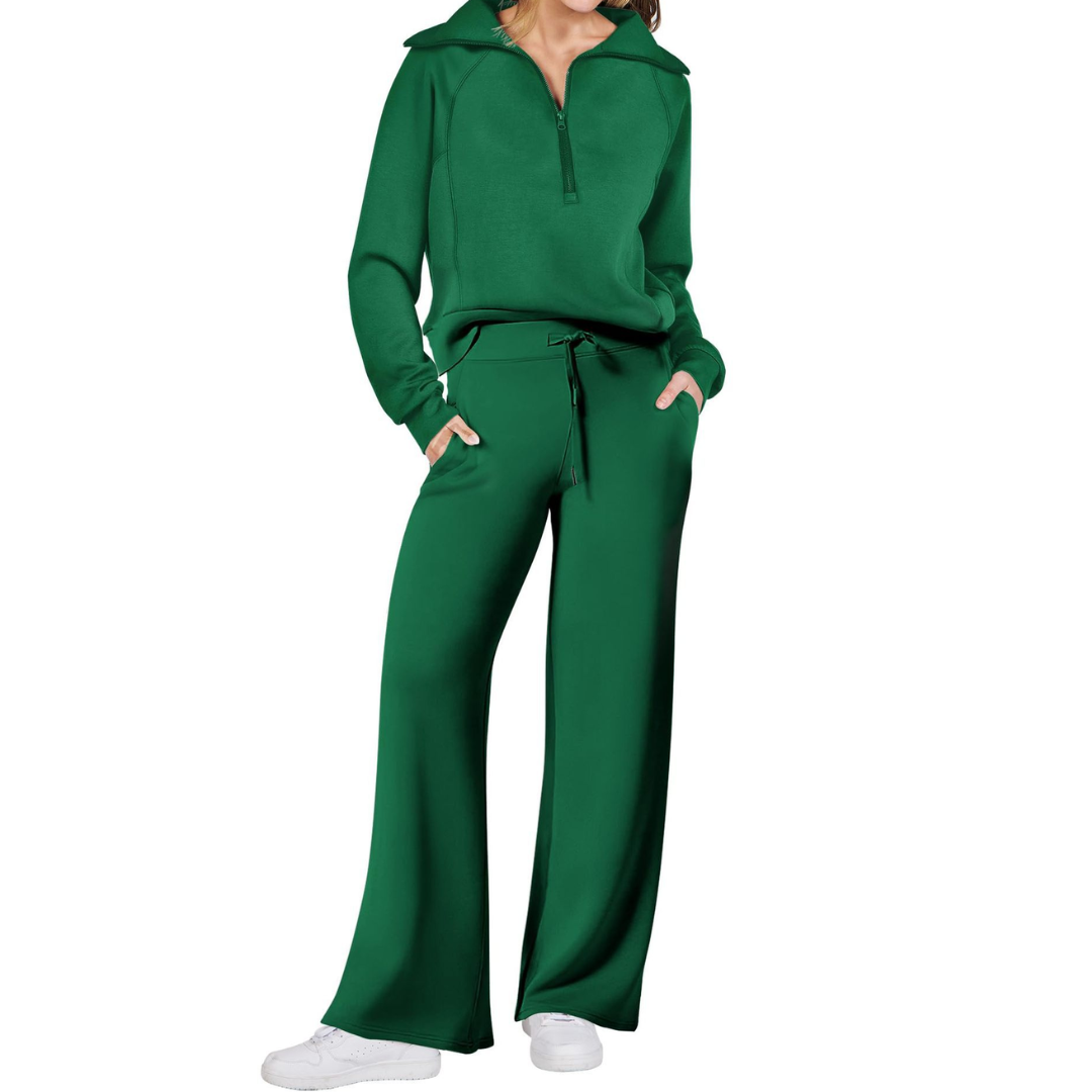 Hazel - Cozy Zip-Up Wide Leg Sweatsuit Set