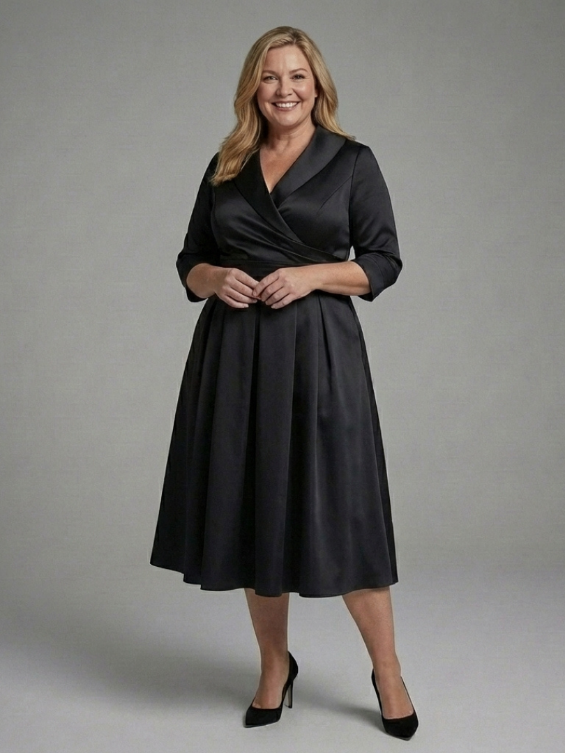 Genivev - Wrap Bodice Midi Dress With Three-Quarter Sleeves