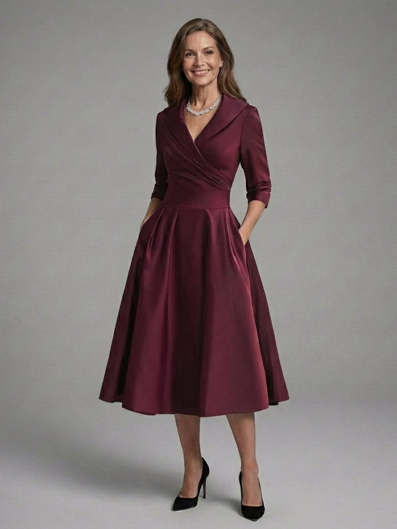 Genivev - Wrap Bodice Midi Dress With Three-Quarter Sleeves