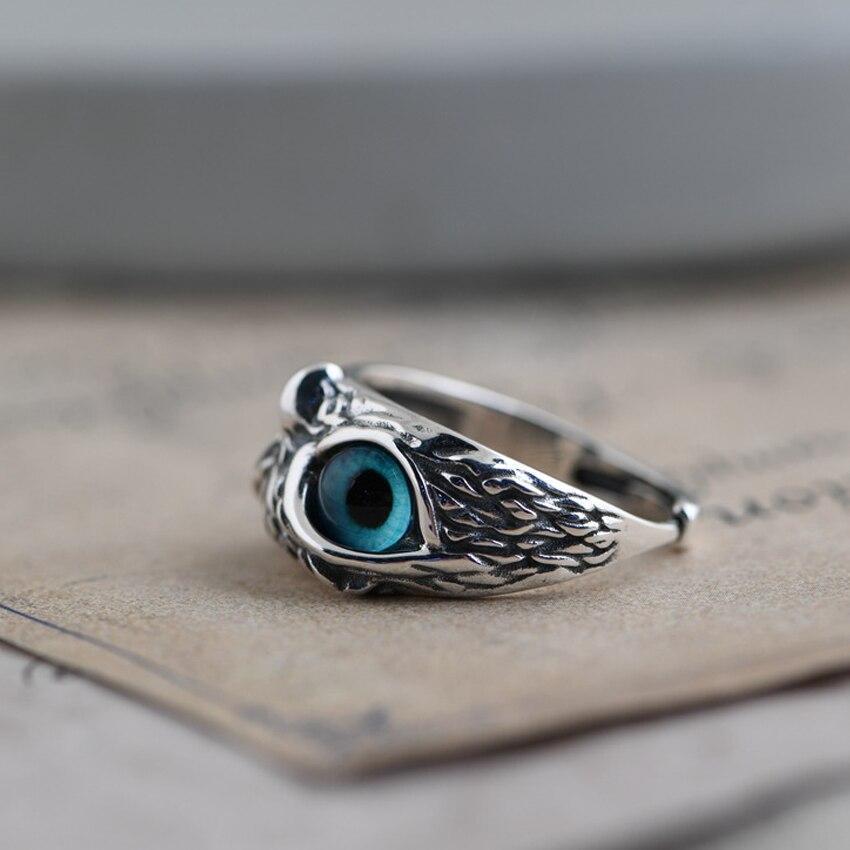 Betsy – Adjustable Silver Ring Owl with Blue Opal