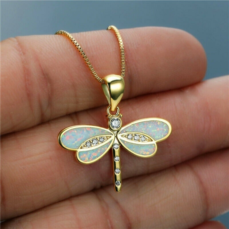 Thea – Gold Necklace with Dragonfly Pendant and Opal